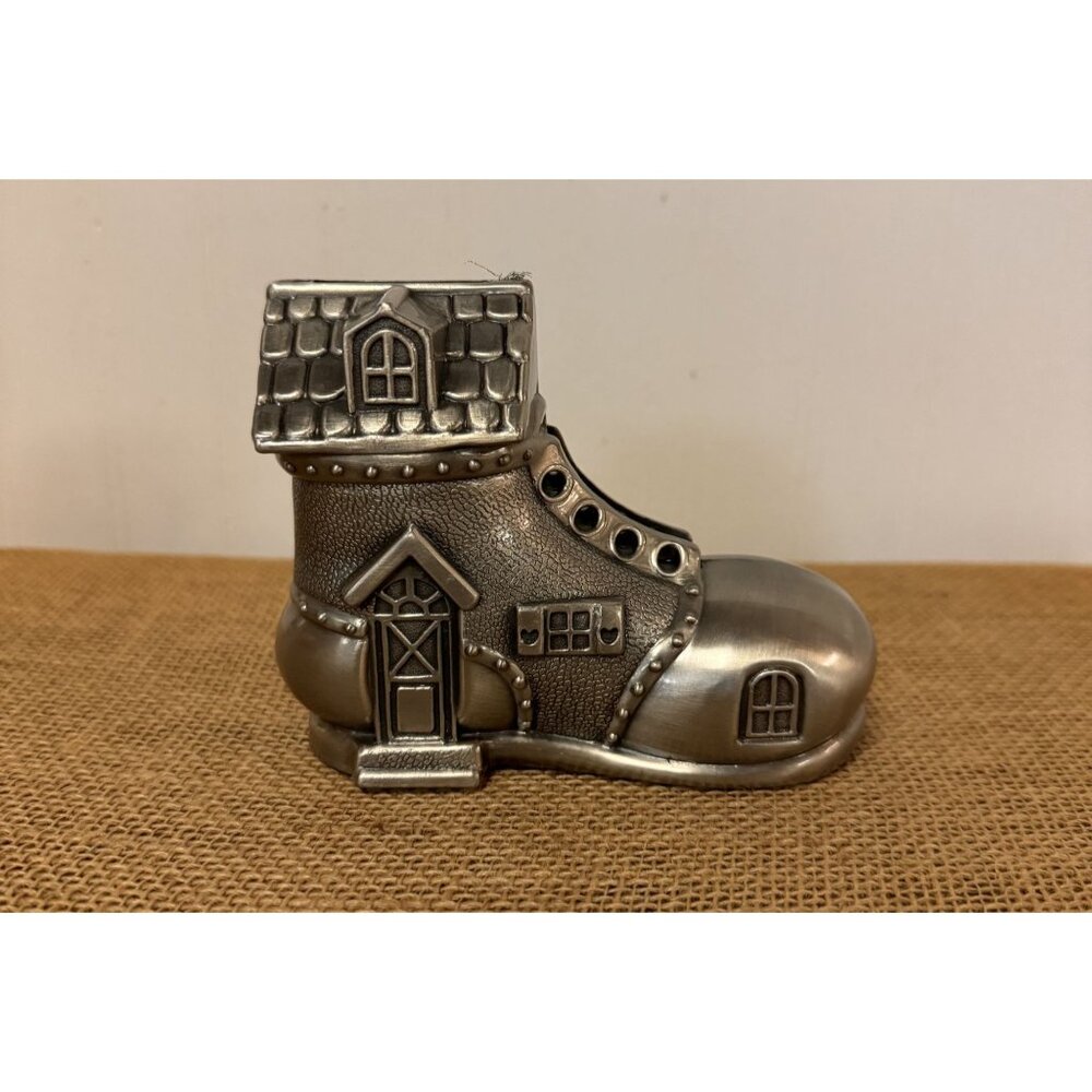 Whimsical Boot-Shaped Coin Bank House Design Metal Collectible Decor